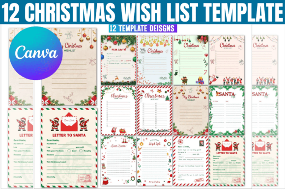 12 Editable Christmas Wish List Template: Canva Graphics