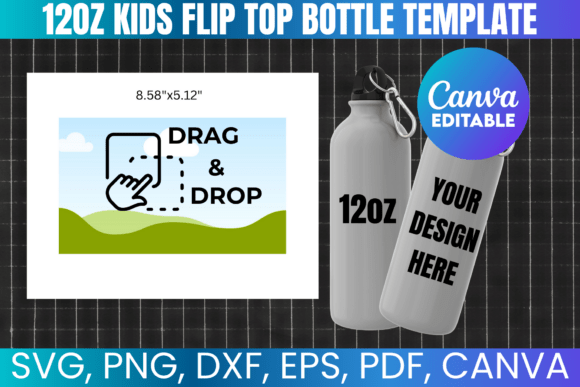 12oz Flip Top Kids Water Bottle Template: Canva Graphics