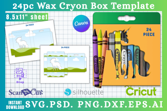 24pc Unicorn Cut Out Crayon Box Template: Graphics for Canva & Creative Markets