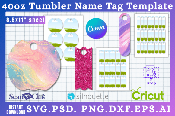 40oz Tumbler Name Tag Template Bundle: Canva Graphics