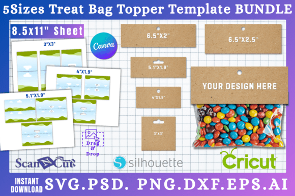 5 Sizes Treat Bag Topper Template Bundle: Graphics for Canva & Beyond