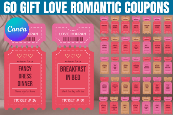60 Editable Gift Love Romantic Coupons: Canva Graphics
