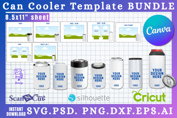 7pc Can Cooler Coozie Template Bundle: Graphics for Canva